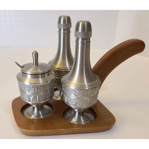 Condiment Set Royal Pewter Thailand Salt Pepper Shakers Jam Pot Teak Holder - Picture 2 of 8